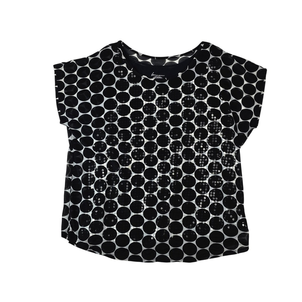 Lane Bryant Sequin Polka Dot Blouse Women 14/16 Black White Layered Short Sleeve